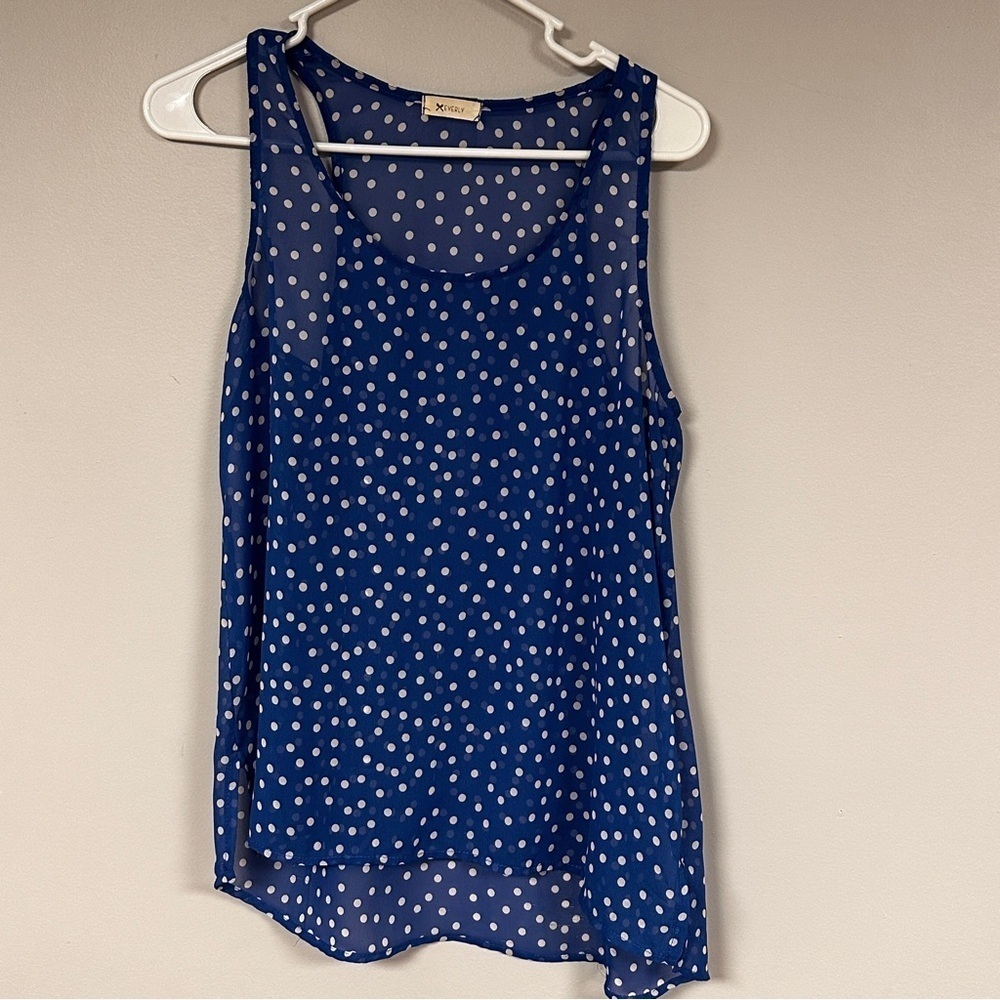 Everly sheer blue / white polka dot tank top, hi-lo hem, M